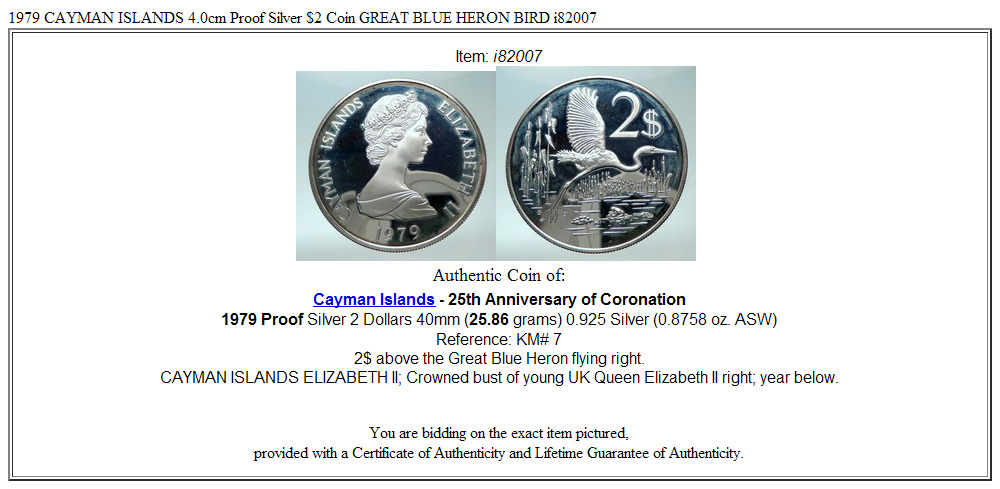 1979 CAYMAN ISLANDS 4.0cm Proof Silver $2 Coin GREAT BLUE HERON BIRD i82007