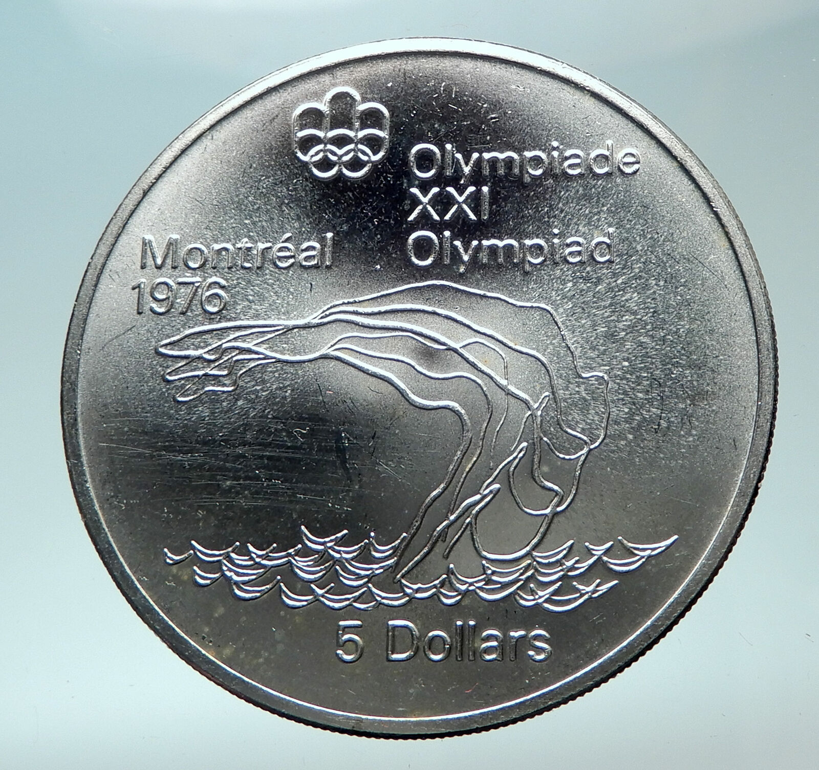 1975 CANADA Queen Elizabeth II Olympics Montreal Diving Silver $5 Coin i82034