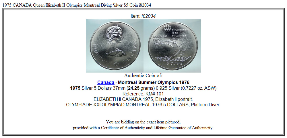 1975 CANADA Queen Elizabeth II Olympics Montreal Diving Silver $5 Coin i82034