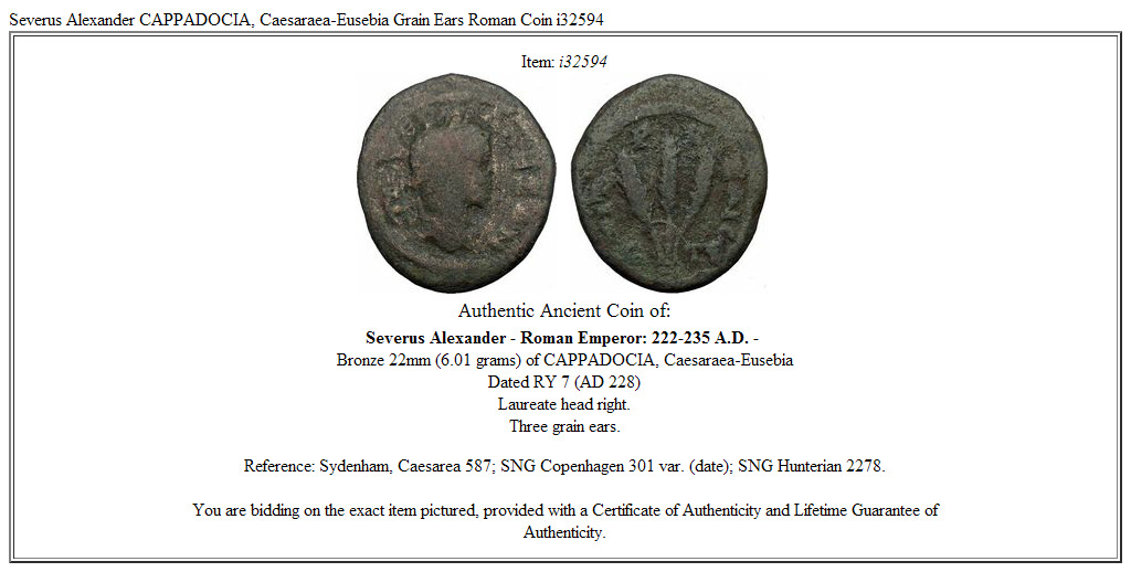 Severus Alexander CAPPADOCIA, Caesaraea-Eusebia Grain Ears Roman Coin i32594