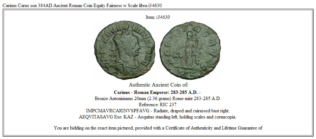 Carinus Carus son 384AD Ancient Roman Coin Equity Fairness w Scale libra i34630