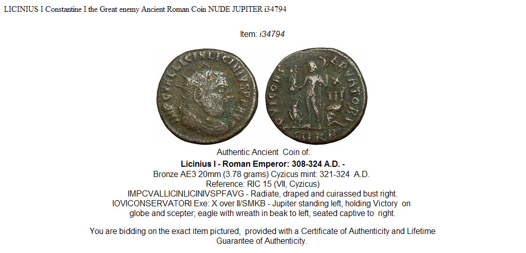 LICINIUS I Constantine I the Great enemy Ancient Roman Coin NUDE JUPITER i34794