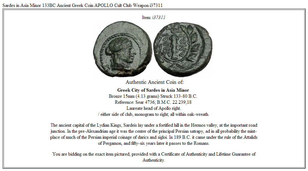 Sardes in Asia Minor 133BC Ancient Greek Coin APOLLO Cult Club Weapon i37311
