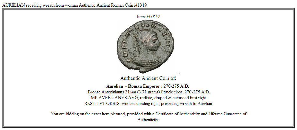 AURELIAN receiving wreath from woman Authentic Ancient Roman Coin i41319