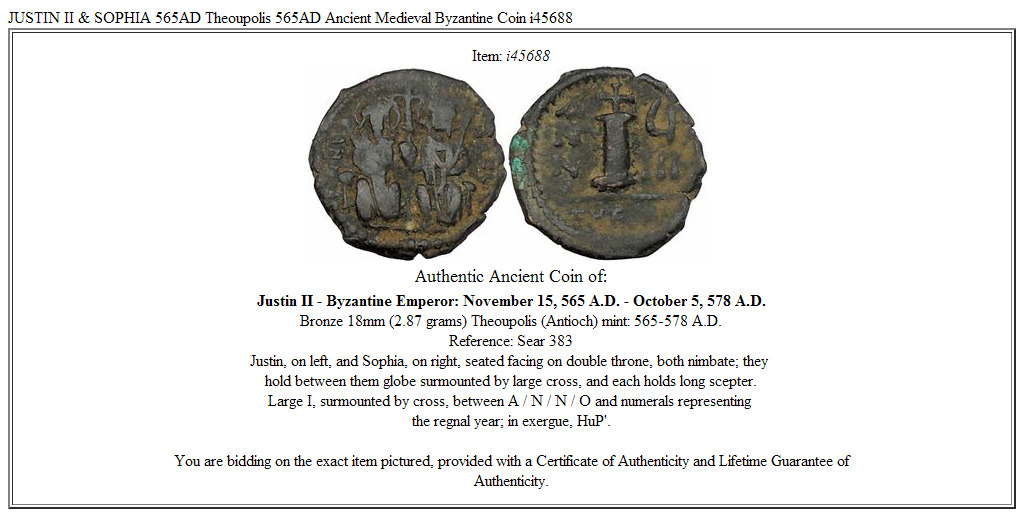 JUSTIN II & SOPHIA 565AD Theoupolis 565AD Ancient Medieval Byzantine Coin i45688