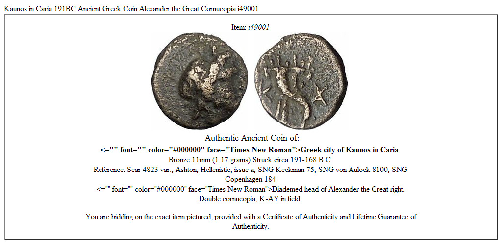 Kaunos in Caria 191BC Ancient Greek Coin Alexander the Great Cornucopia i49001