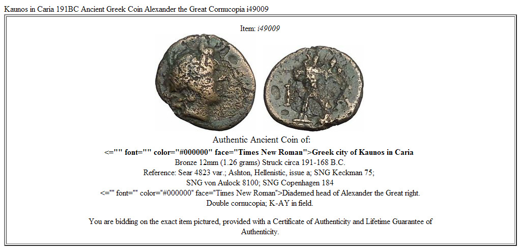 Kaunos in Caria 191BC Ancient Greek Coin Alexander the Great Cornucopia i49009