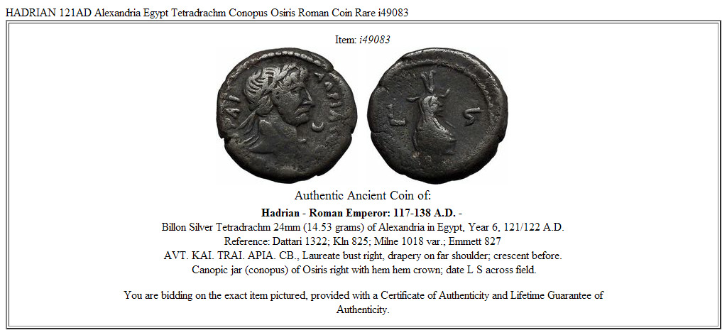 HADRIAN 121AD Alexandria Egypt Tetradrachm Conopus Osiris Roman Coin Rare i49083