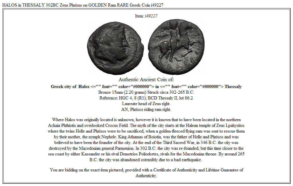 HALOS in THESSALY 302BC Zeus Phrixus on GOLDEN Ram RARE Greek Coin i49227