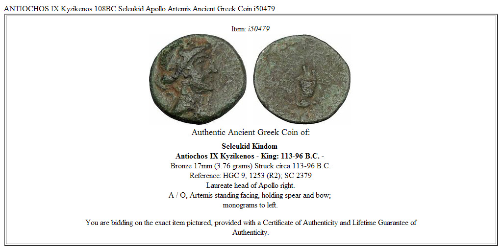 ANTIOCHOS IX Kyzikenos 108BC Seleukid Apollo Artemis Ancient Greek Coin i50479