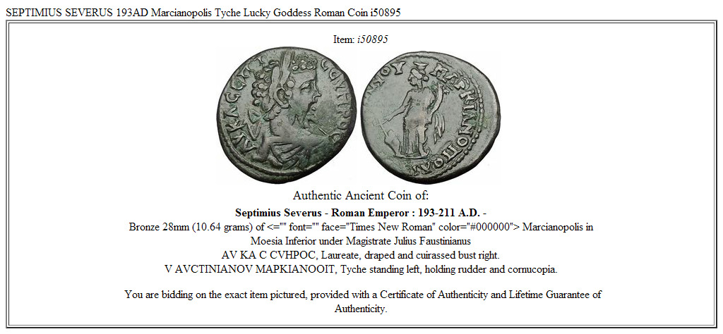 SEPTIMIUS SEVERUS 193AD Marcianopolis Tyche Lucky Goddess Roman Coin i50895