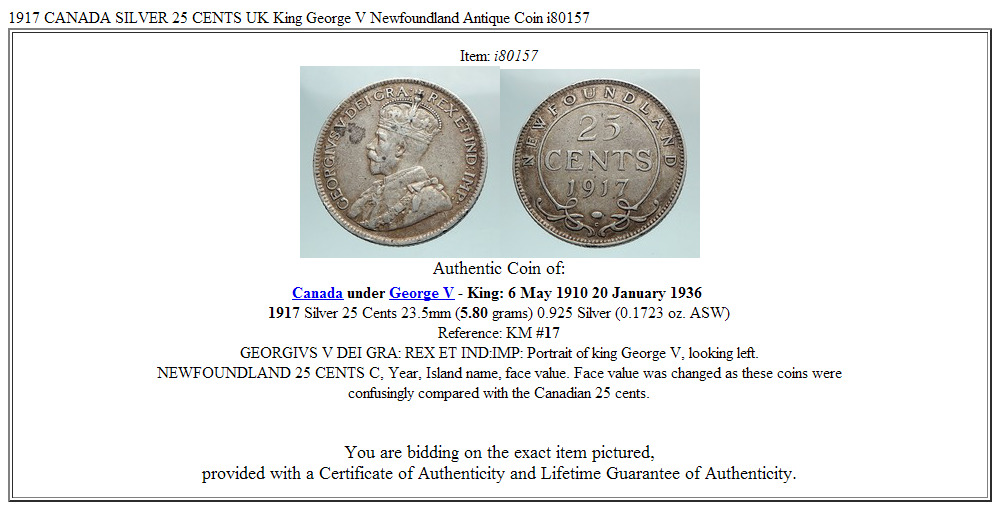 1917 CANADA SILVER 25 CENTS UK King George V Newfoundland Antique Coin i80157