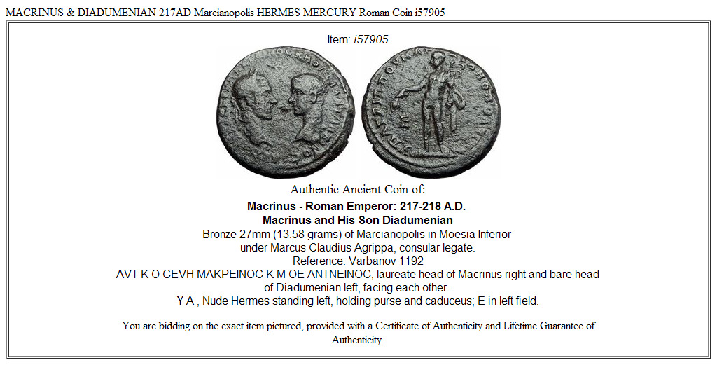 MACRINUS & DIADUMENIAN 217AD Marcianopolis HERMES MERCURY Roman Coin i57905