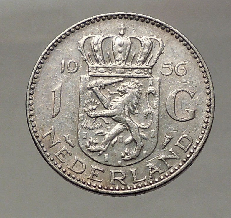 1956 Netherlands Kingdom Queen JULIANA 1 Gulden Authentic Silver Coin i57762