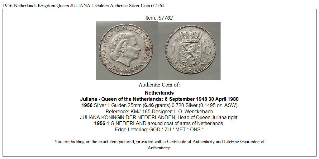 1956 Netherlands Kingdom Queen JULIANA 1 Gulden Authentic Silver Coin i57762