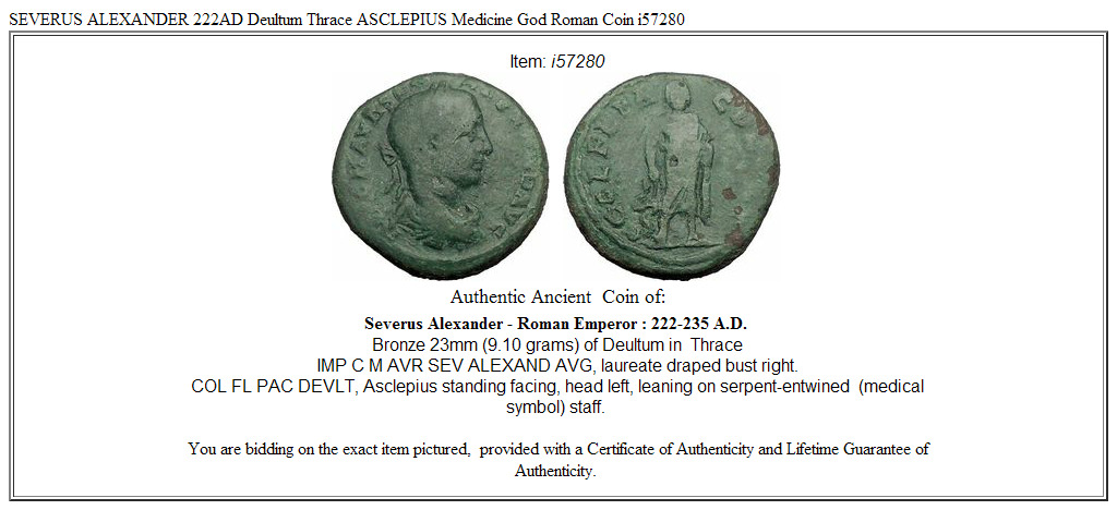 SEVERUS ALEXANDER 222AD Deultum Thrace ASCLEPIUS Medicine God Roman Coin i57280