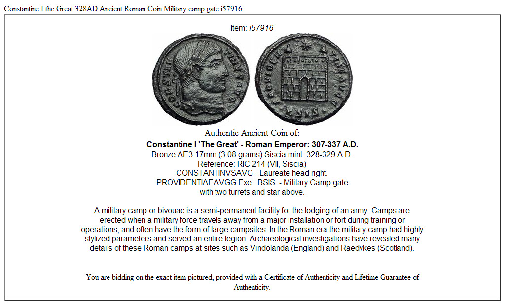 Constantine I the Great 328AD Ancient Roman Coin Military camp gate i57916