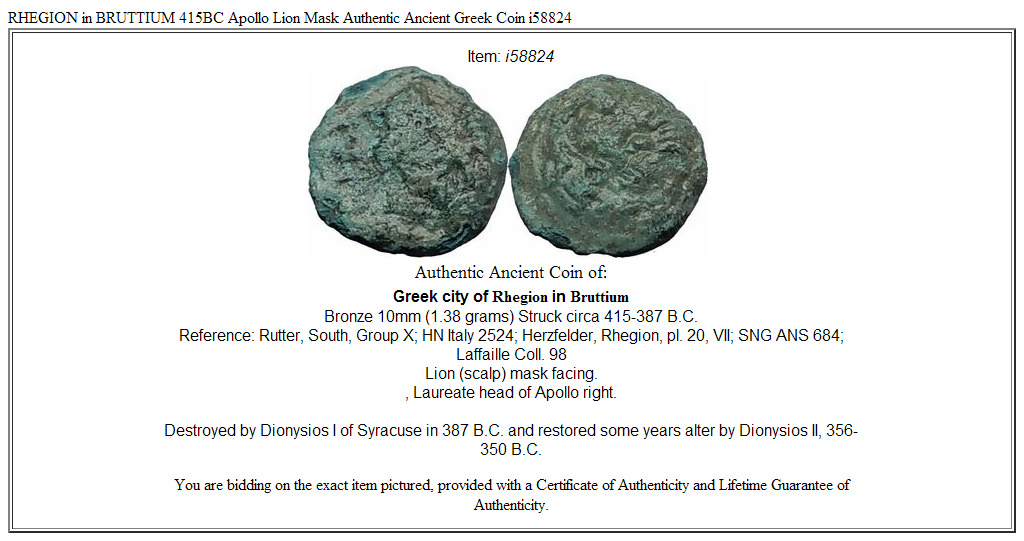 RHEGION in BRUTTIUM 415BC Apollo Lion Mask Authentic Ancient Greek Coin i58824