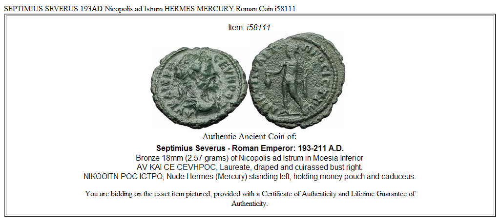 SEPTIMIUS SEVERUS 193AD Nicopolis ad Istrum HERMES MERCURY Roman Coin i58111