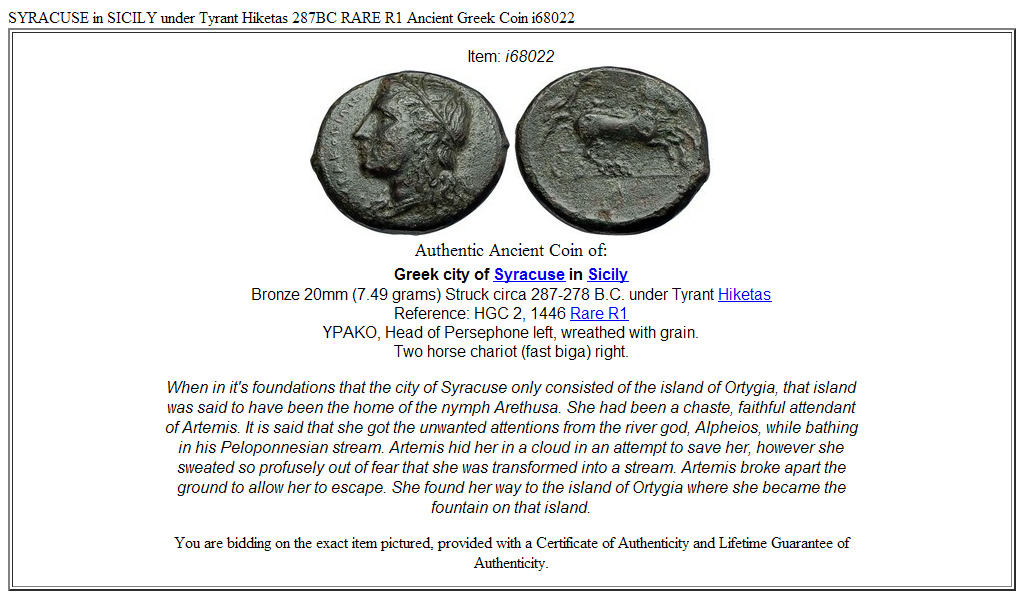 SYRACUSE in SICILY under Tyrant Hiketas 287BC RARE R1 Ancient Greek Coin i68022