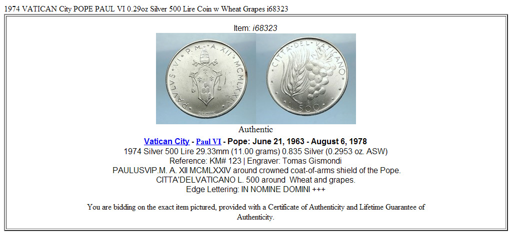 1974 VATICAN City POPE PAUL VI 0.29oz Silver 500 Lire Coin w Wheat Grapes i68323