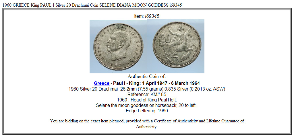 1960 GREECE King PAUL I Silver 20 Drachmai Coin SELENE DIANA MOON GODDESS i69345