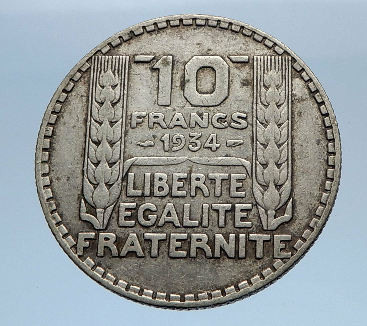 1934 FRANCE Authentic Vintage Silver 10 Francs French MOTTO Coin Mariane i69346