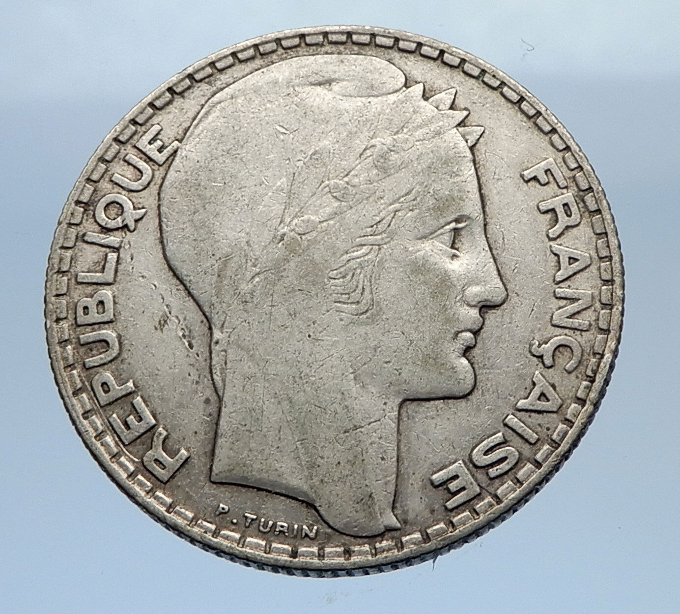 1934 FRANCE Authentic Vintage Silver 10 Francs French MOTTO Coin Mariane i69346