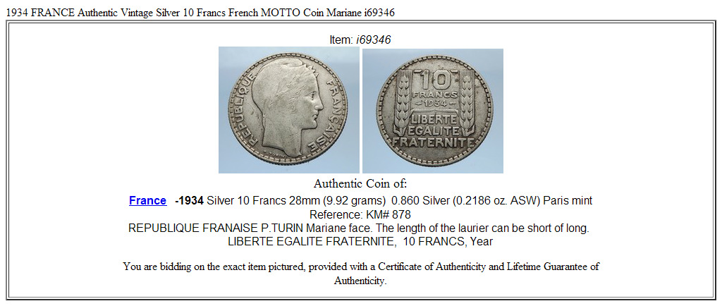 1934 FRANCE Authentic Vintage Silver 10 Francs French MOTTO Coin Mariane i69346