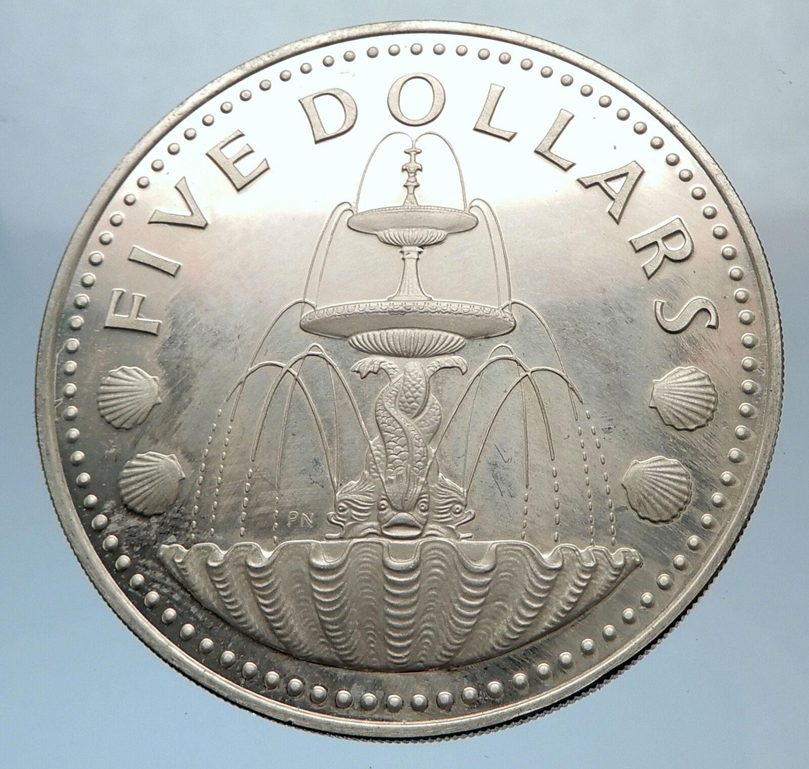 1973 BARBADOS Proof Arms Fountain Trafalgar Antique Silver 5 Dollars Coin i71381