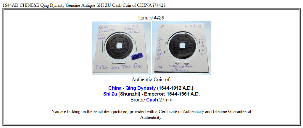 1644AD CHINESE Qing Dynasty Genuine Antique SHI ZU Cash Coin of CHINA i74428