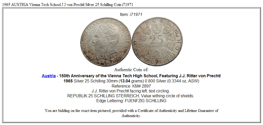 1965 AUSTRIA Vienna Tech School J J von Prechtl Silver 25 Schilling Coin i71971