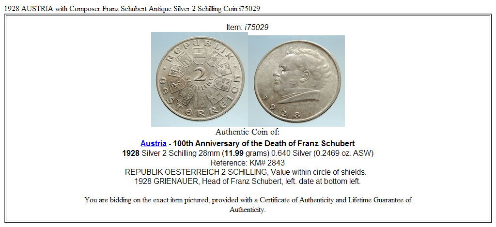 1928 AUSTRIA with Composer Franz Schubert Antique Silver 2 Schilling Coin i75029