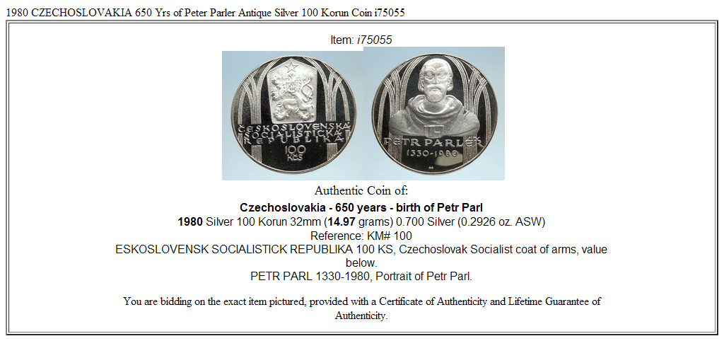 1980 CZECHOSLOVAKIA 650 Yrs of Peter Parler Antique Silver 100 Korun Coin i75055