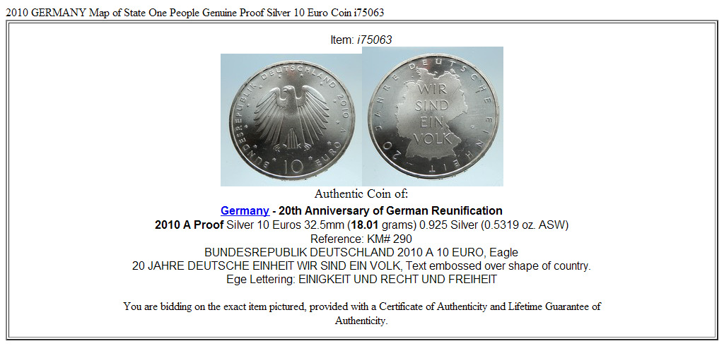 2010 GERMANY Map of State One People Genuine Proof Silver 10 Euro Coin i75063