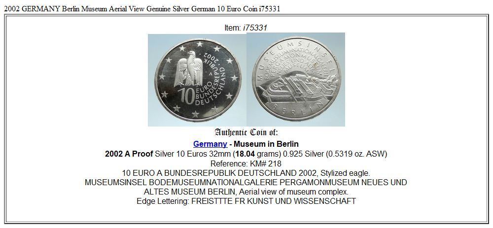 2002 GERMANY Berlin Museum Aerial View Genuine Silver German 10 Euro Coin i75331