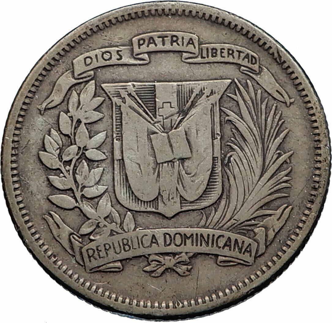 1947 DOMINICAN REPUBLIC Silver Liberty LIBERTO Arms Antique Silver Coin i74316
