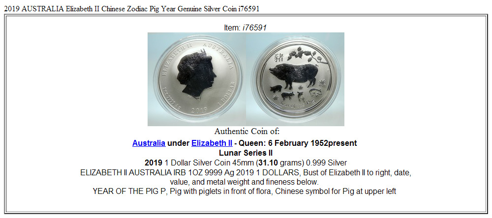 2019 AUSTRALIA Elizabeth II Chinese Zodiac Pig Year Genuine Silver Coin i76591