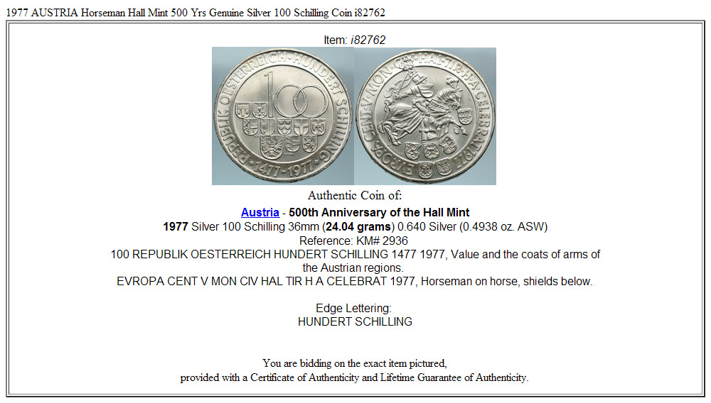 1977 AUSTRIA Horseman Hall Mint 500 Yrs Genuine Silver 100 Schilling Coin i82762