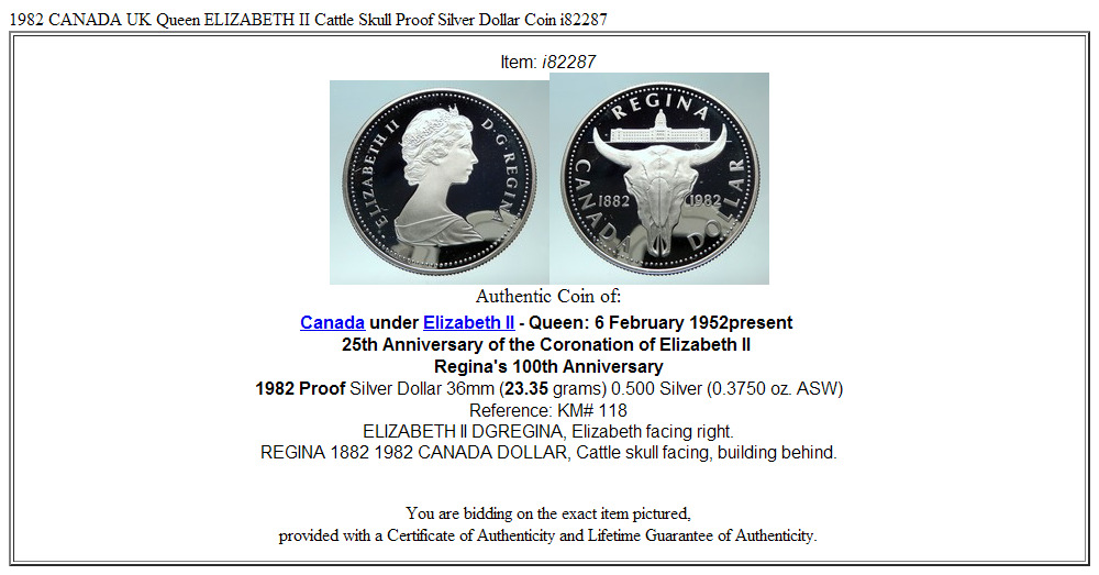 1982 CANADA UK Queen ELIZABETH II Cattle Skull Proof Silver Dollar Coin i82287