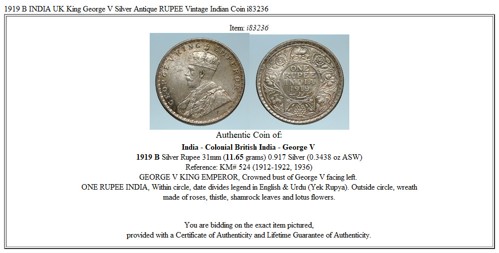 1919 B INDIA UK King George V Silver Antique RUPEE Vintage Indian Coin i83236