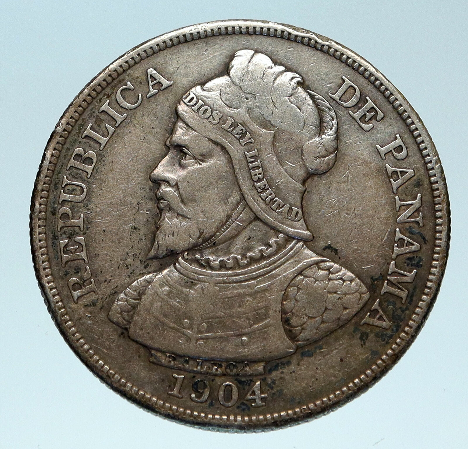 1904 PANAMA CONQUISTADOR BALBOA Antique Genuine Silver 50 Centesimos Coin i83292