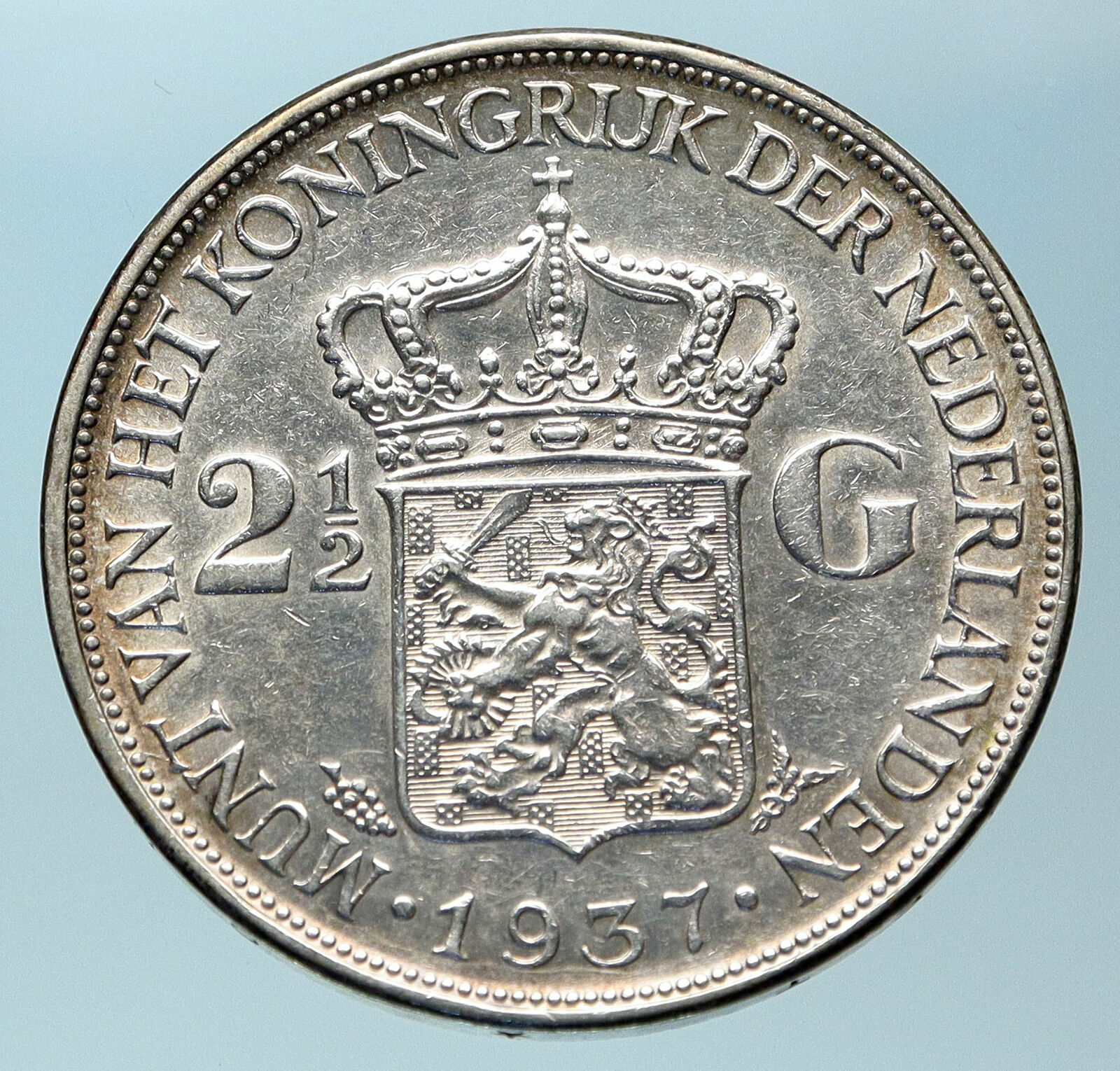 1937 Netherlands Queen WILHELMINA 2.5 Gulden Authentic DUTCH Silver Coin i83786