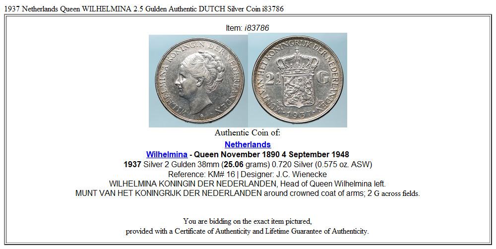 1937 Netherlands Queen WILHELMINA 2.5 Gulden Authentic DUTCH Silver Coin i83786