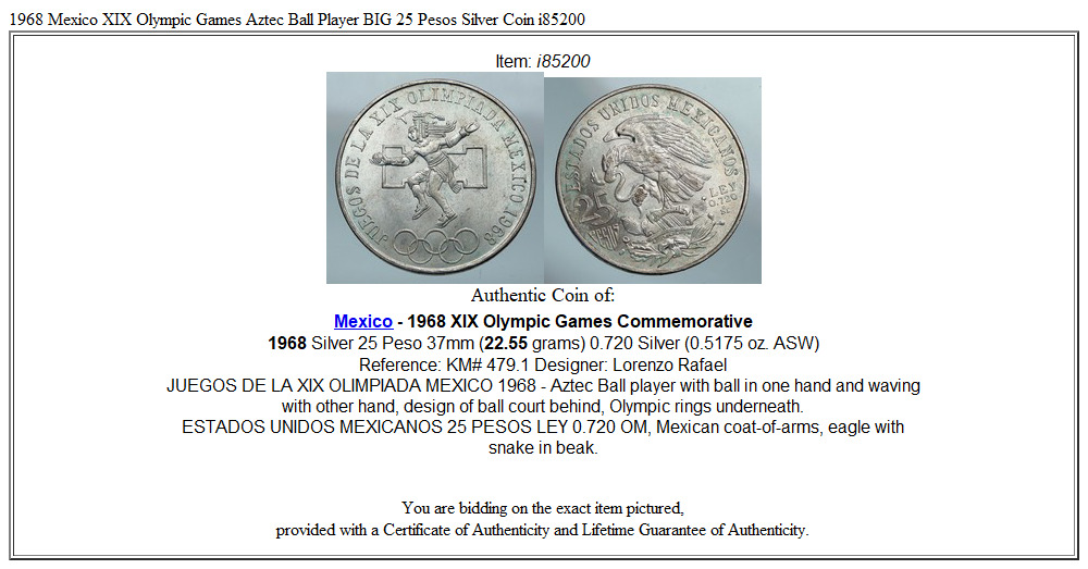 1968 Mexico XIX Olympic Games Aztec Ball Player BIG 25 Pesos Silver Coin i85200