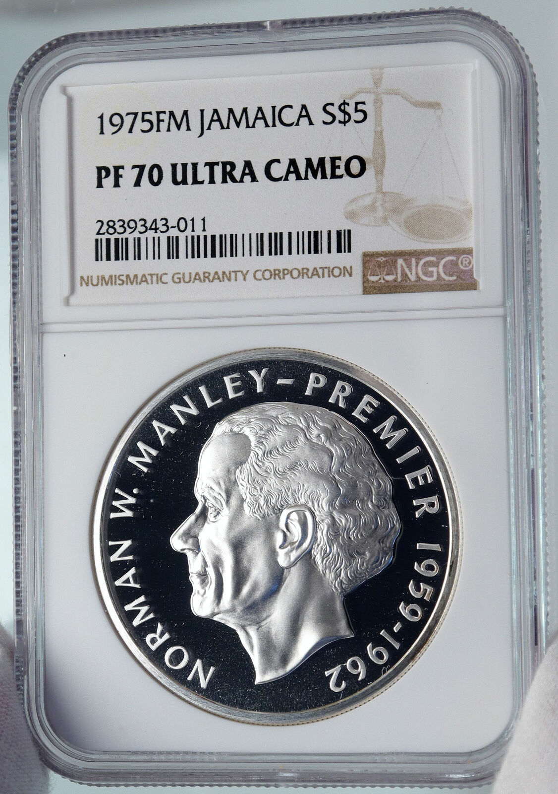 1975 JAMAICA Premier Norman W Manley VINTAGE OLD Proof Silver $5 Coin NGC i85232