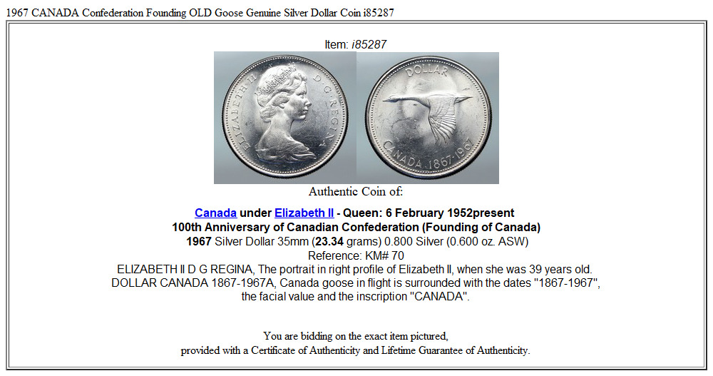 1967 CANADA Confederation Founding OLD Goose Genuine Silver Dollar Coin i85287