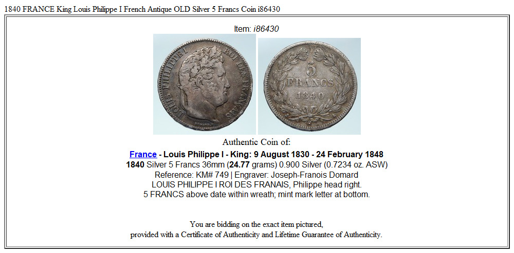 1840 FRANCE King Louis Philippe I French Antique OLD Silver 5 Francs Coin i86430