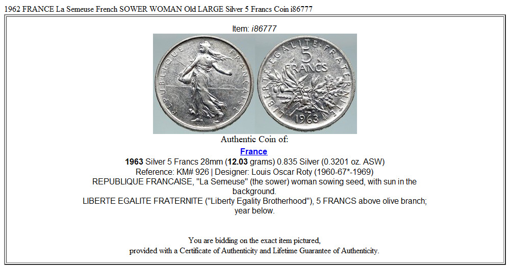 1963 FRANCE La Semeuse French SOWER WOMAN Old LARGE Silver 5 Francs Coin i86777