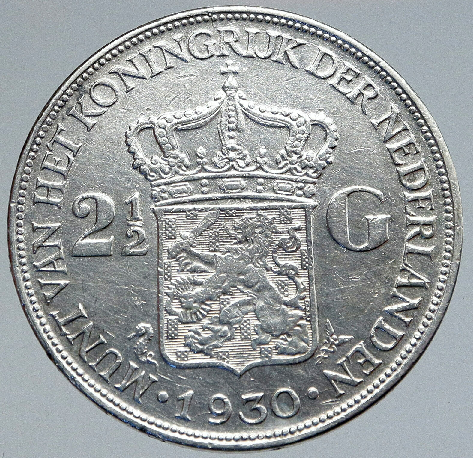 1930 Netherlands Kingdom Queen WILHELMINA 2 1/2 Gulden BIG Silver Coin i86845